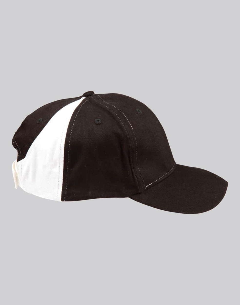 A black and white baseball cap with a sleek design and a visible logo.