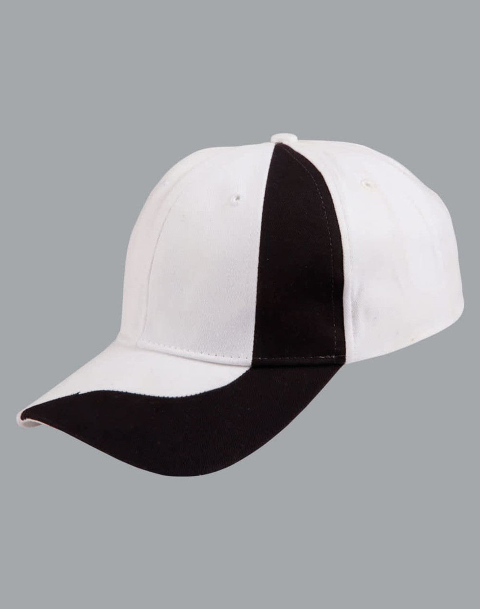 A baseball cap featuring a white and black design, with a logo on the front.