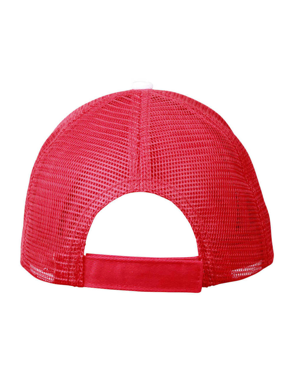 A red Premium Cotton Twill Trucker Cap with a mesh back and an adjustable strap. Featuring a logo.