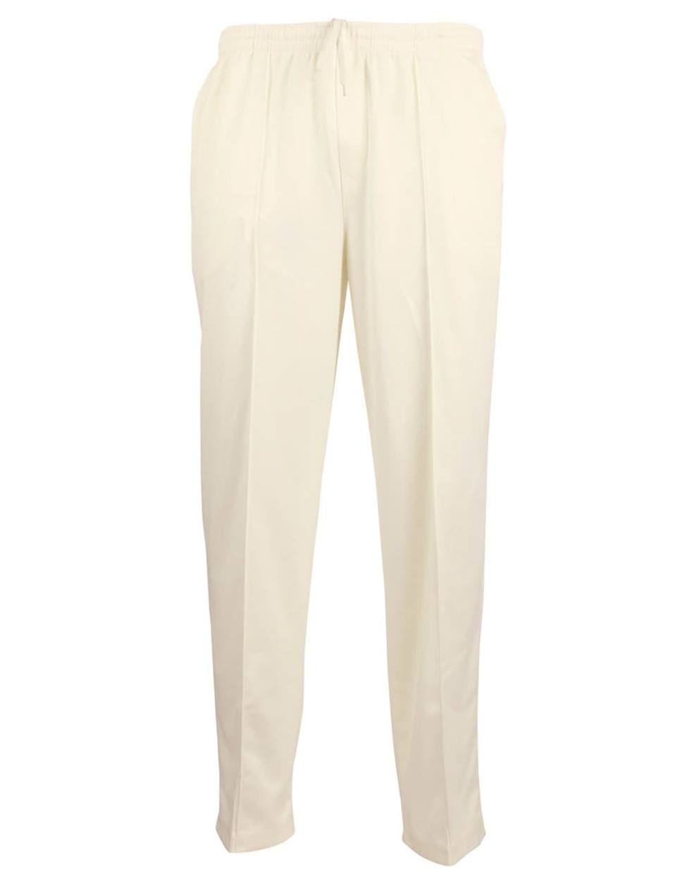 Light cream men's cricket pants with an elastic waistband and a logo. Suitable for various cricket activities.