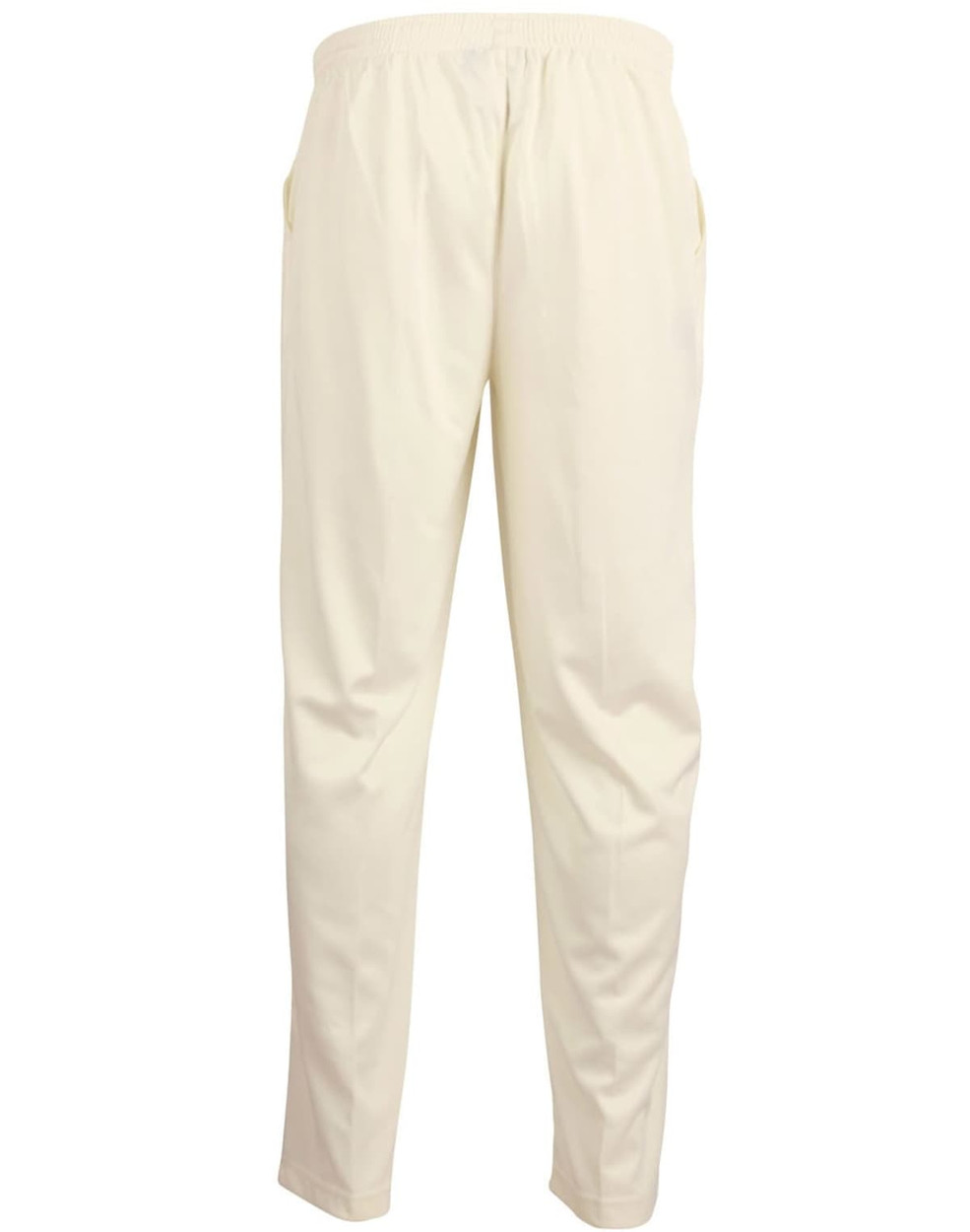 Cream-coloured men's cricket pants with an elastic waistband and side pockets. Features a logo on the waistband.
