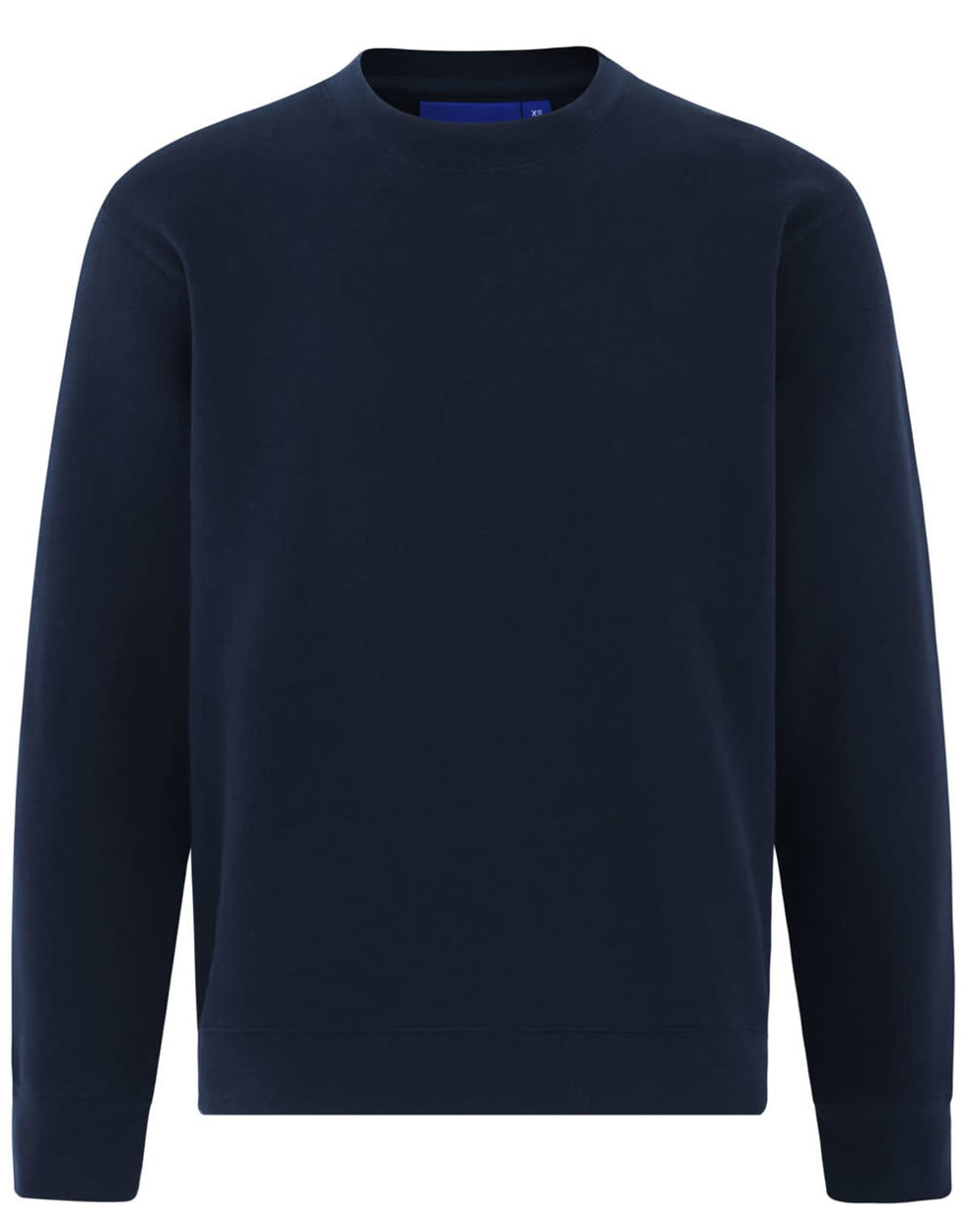 A navy crew neck sweatshirt with long sleeves, featuring a simple design and a logo on the front.
