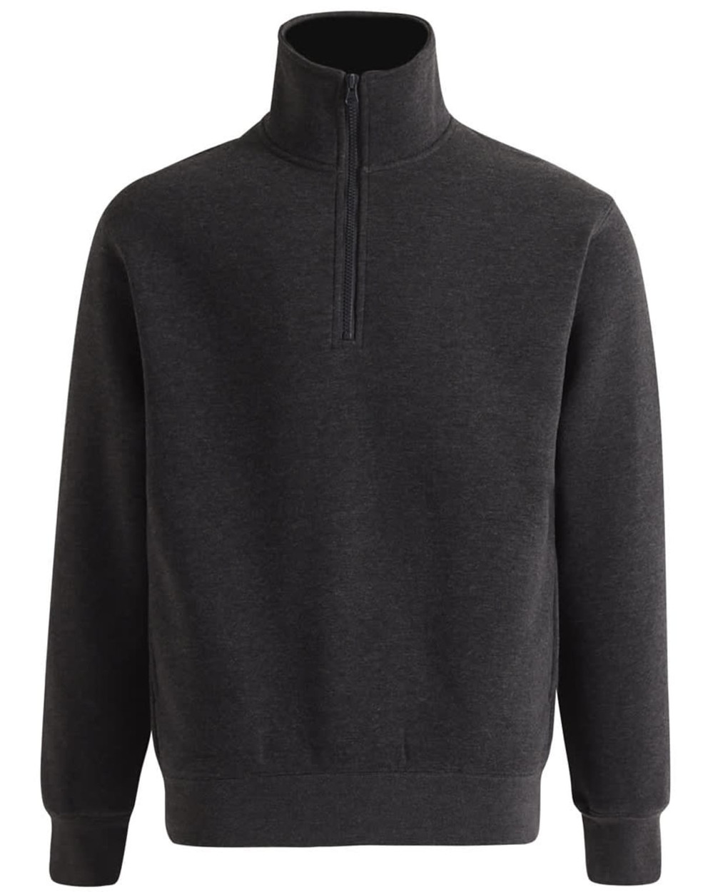 A dark grey 1/2 zip collar fleecy jumper featuring long sleeves and elastic cuffs. It has a logo on the chest.