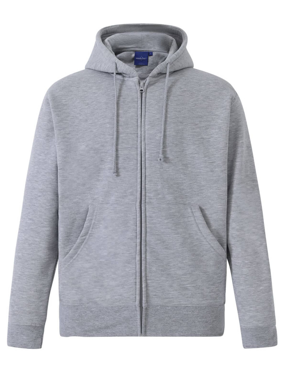 A grey men's full-zip fleecy hoodie featuring a hood and a logo.