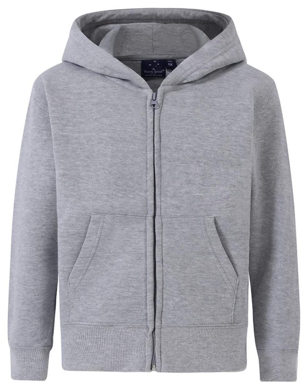 A grey full-zip fleecy hoodie with a hood and front pockets, featuring a logo on the chest.