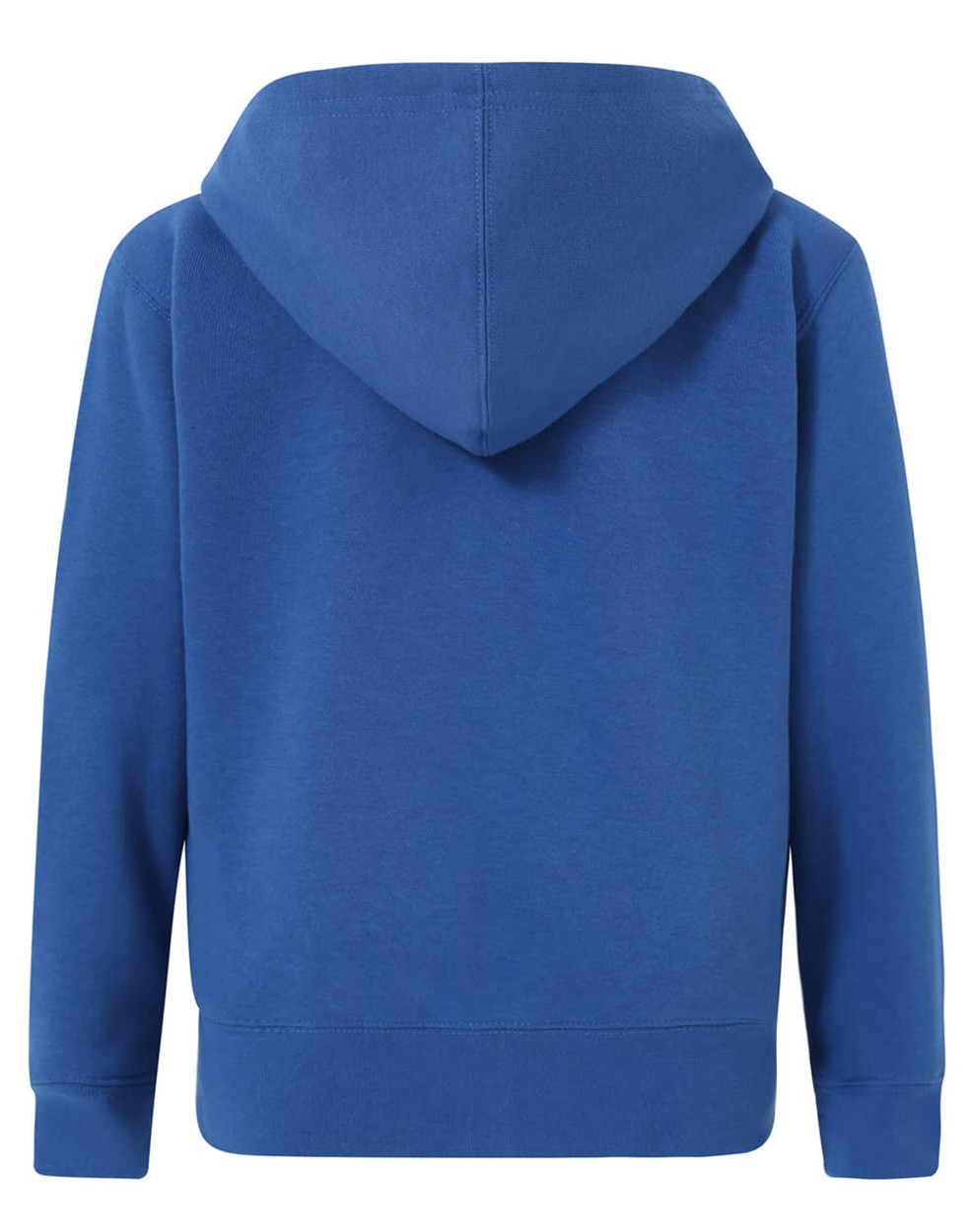 A blue full-zip fleecy hoodie with a hood and ribbed cuffs. Features a plain design with a logo on the front.