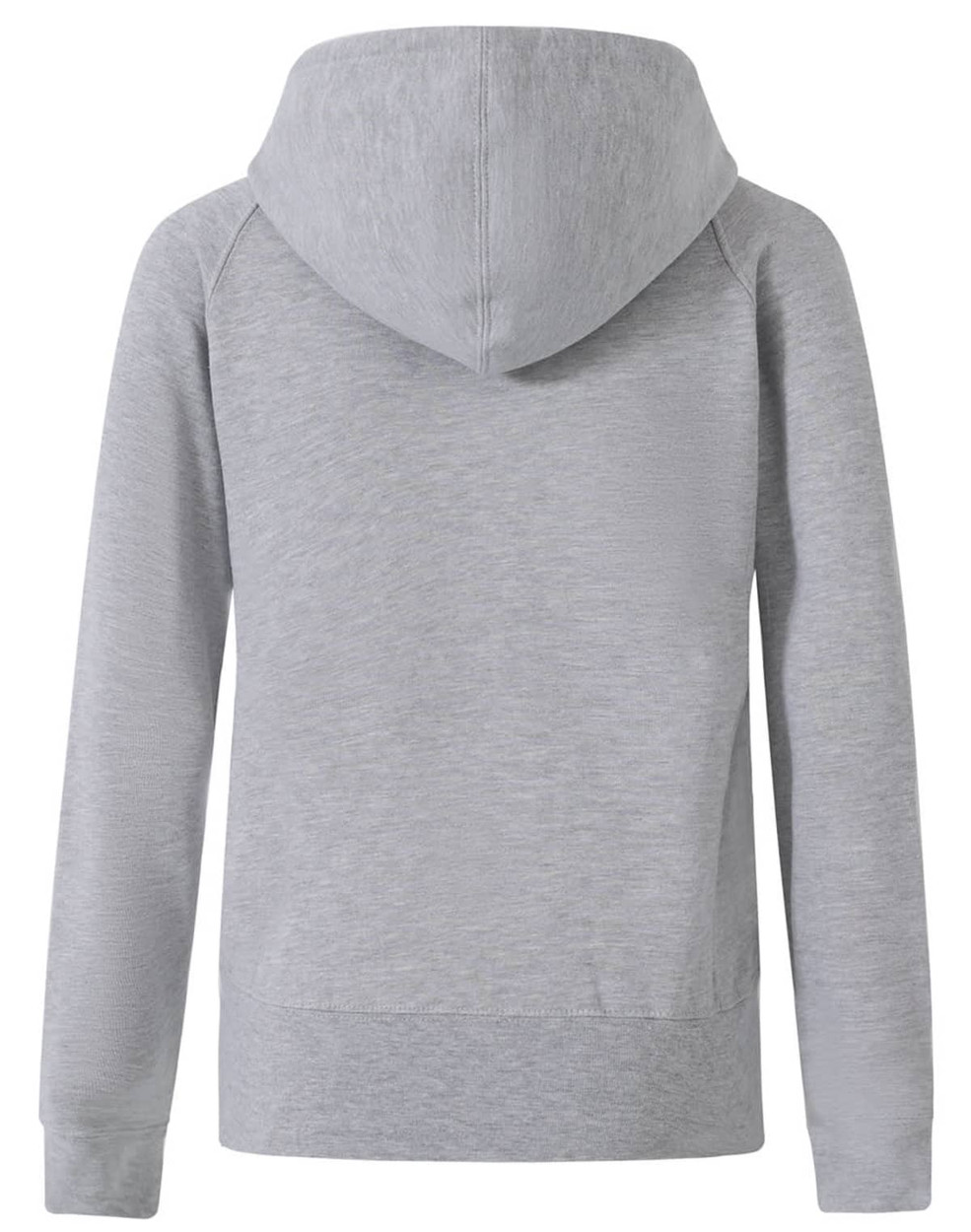 A grey ladies' full-zip fleecy hoodie with a hood and long sleeves, featuring a simple design and branding.
