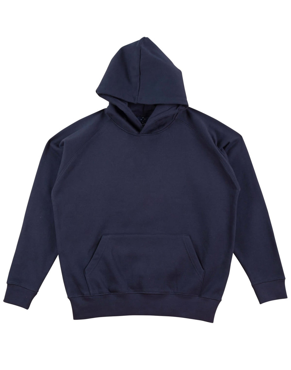 A navy blue kids' fleece hoodie with a front pocket and an adjustable hood, featuring a logo.