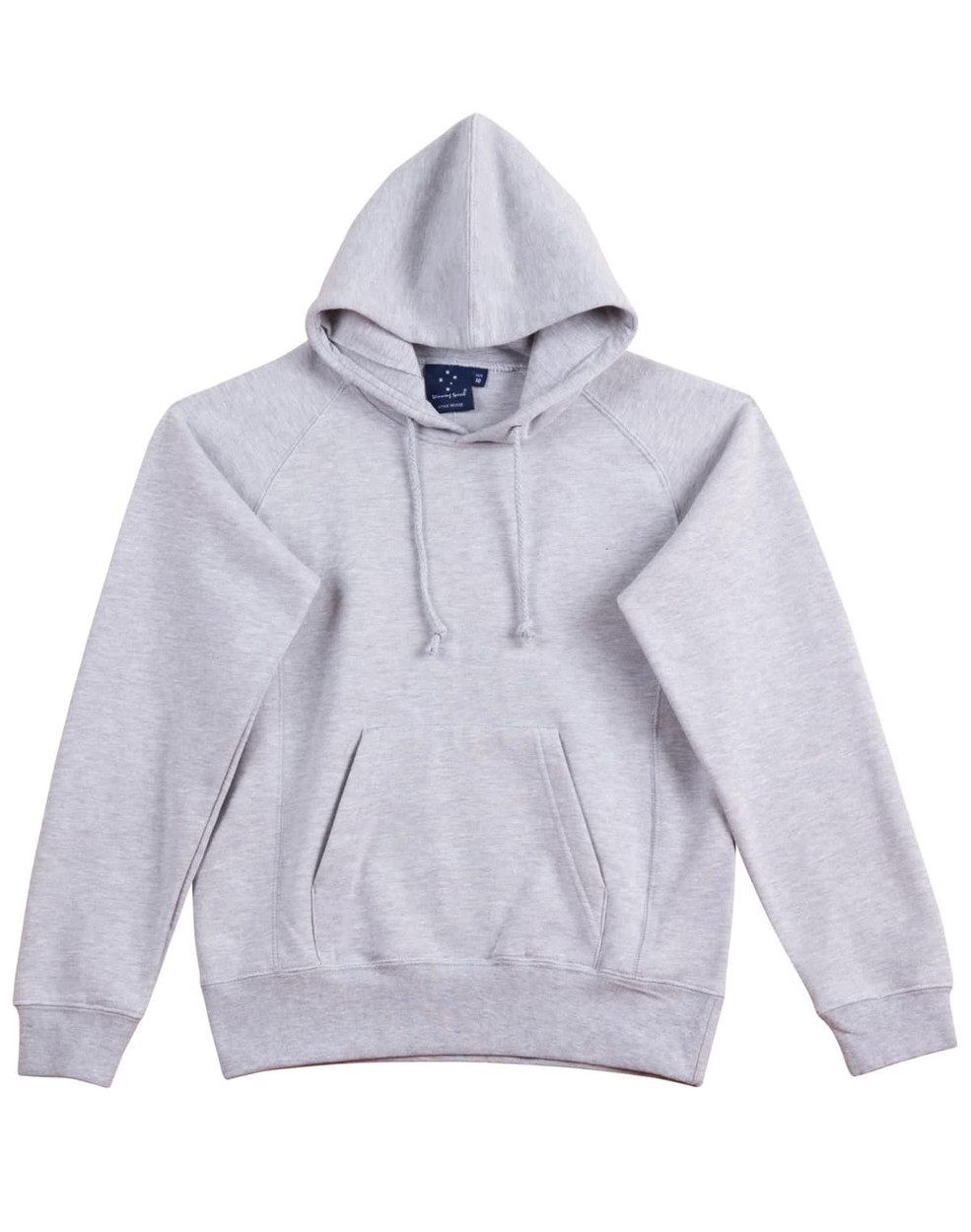 A light grey ladies' fleecy hoodie featuring a kangaroo pocket and a hood, with a logo on the tag.