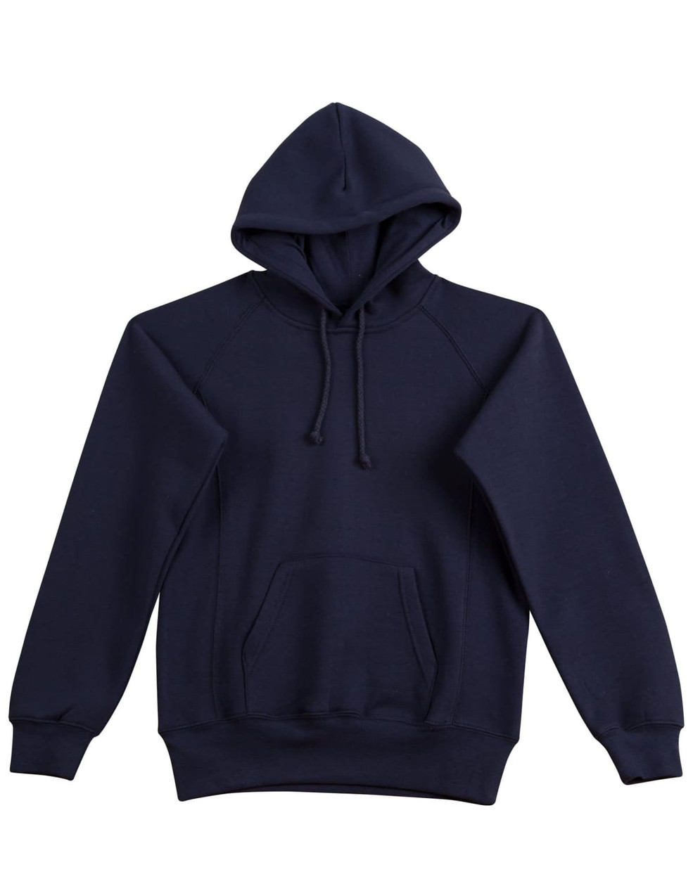 A navy blue ladies' fleecy hoodie featuring a hood, front pocket, and ribbed cuffs. It has a logo on the front.