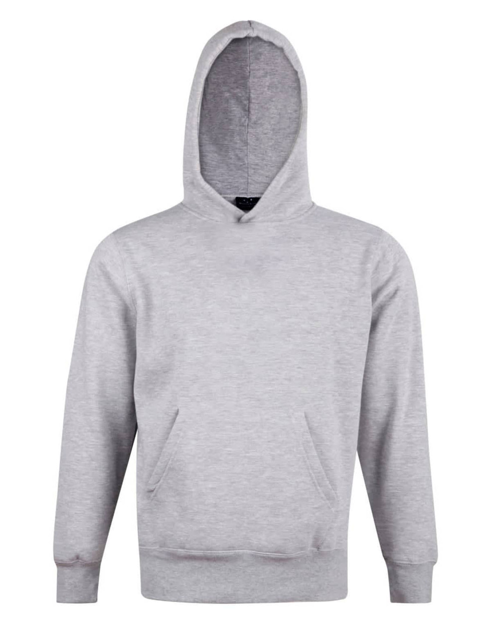 A grey fleece hoodie with a close front, featuring a hood and front pockets. It has a logo on the design.