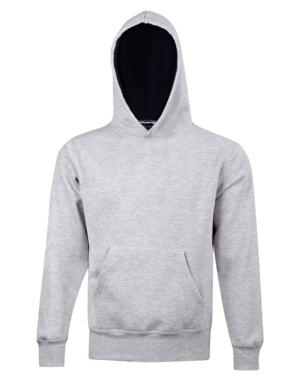 A grey kids' hoodie with a front pocket and a contrast black inside hood. It features a logo.