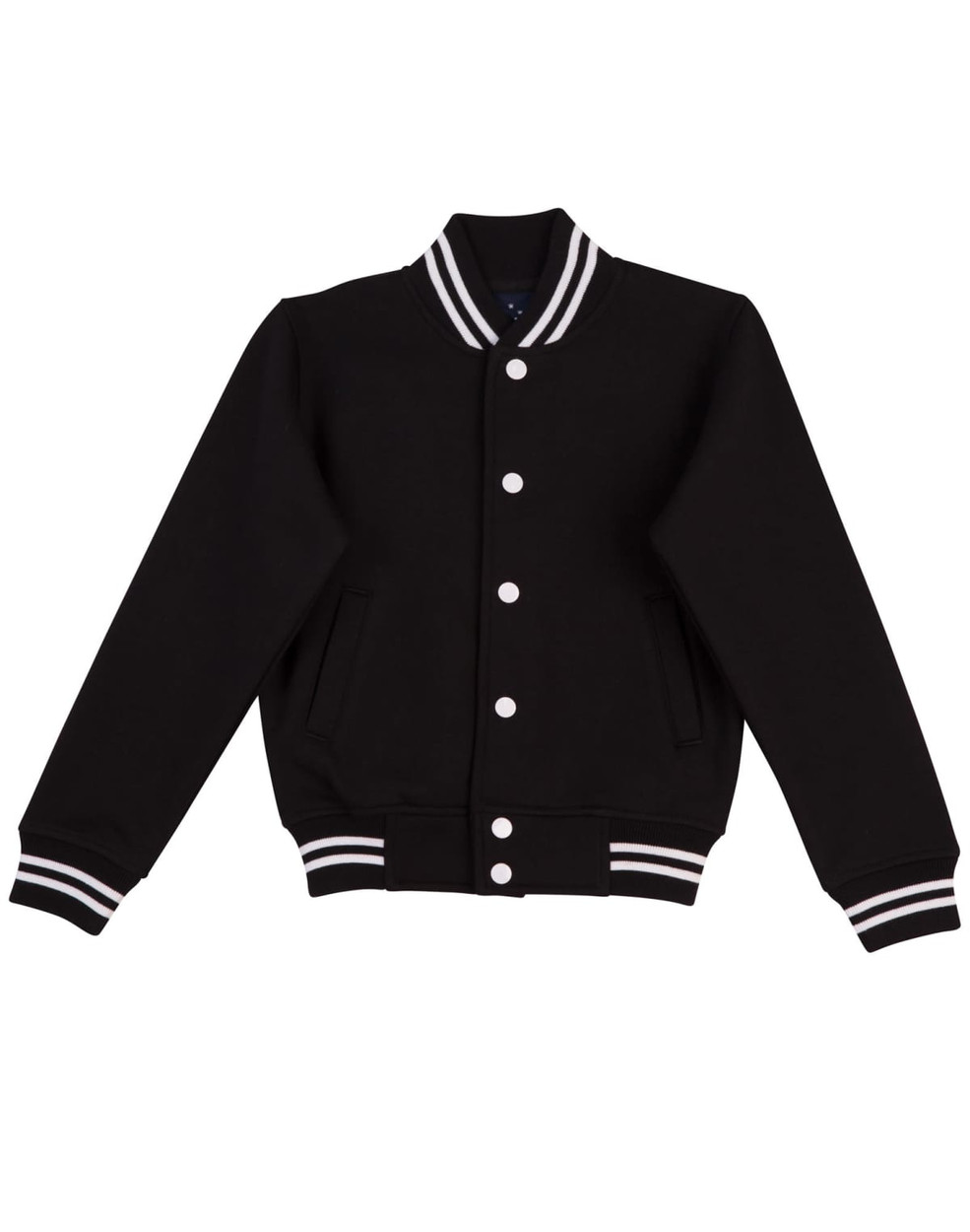 A black fleece varsity jacket featuring contrasting white stripes and buttons, with side pockets and a casual fit.