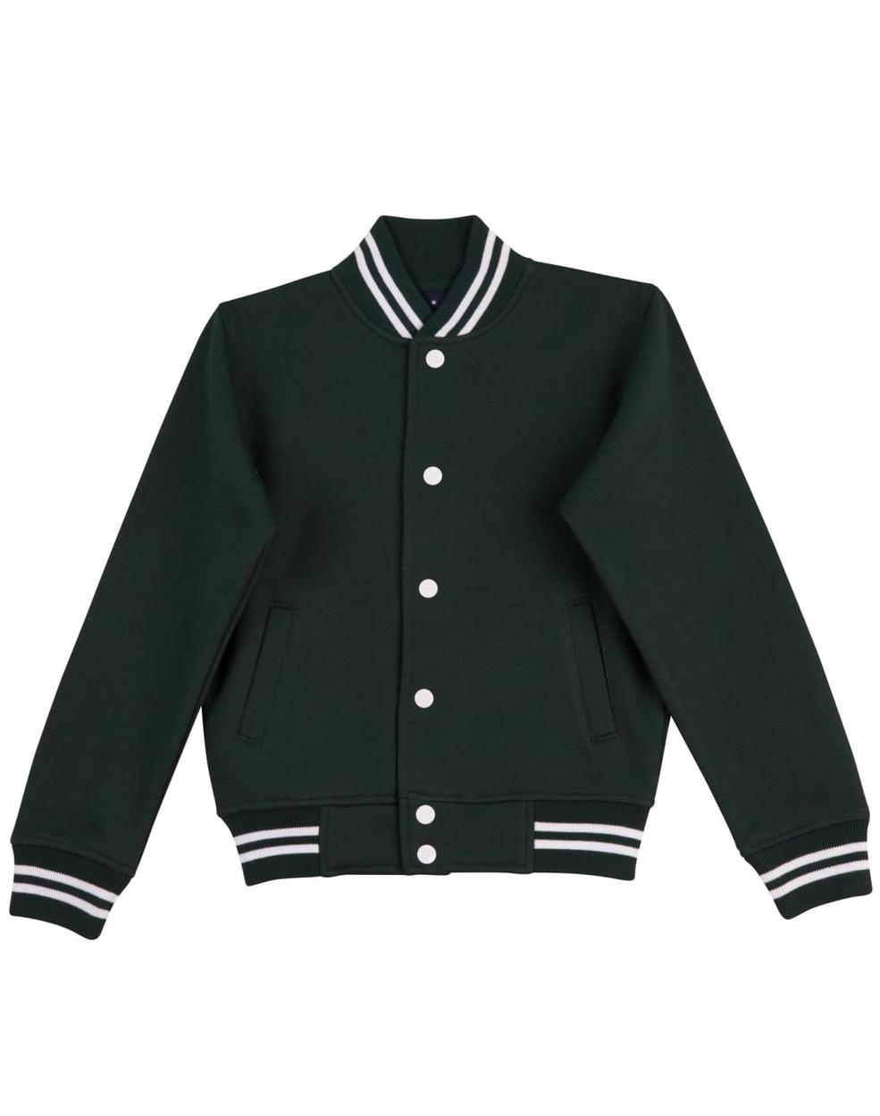 A green varsity jacket featuring a ribbed collar, button closure, and striped cuffs. It has side pockets and a logo.
