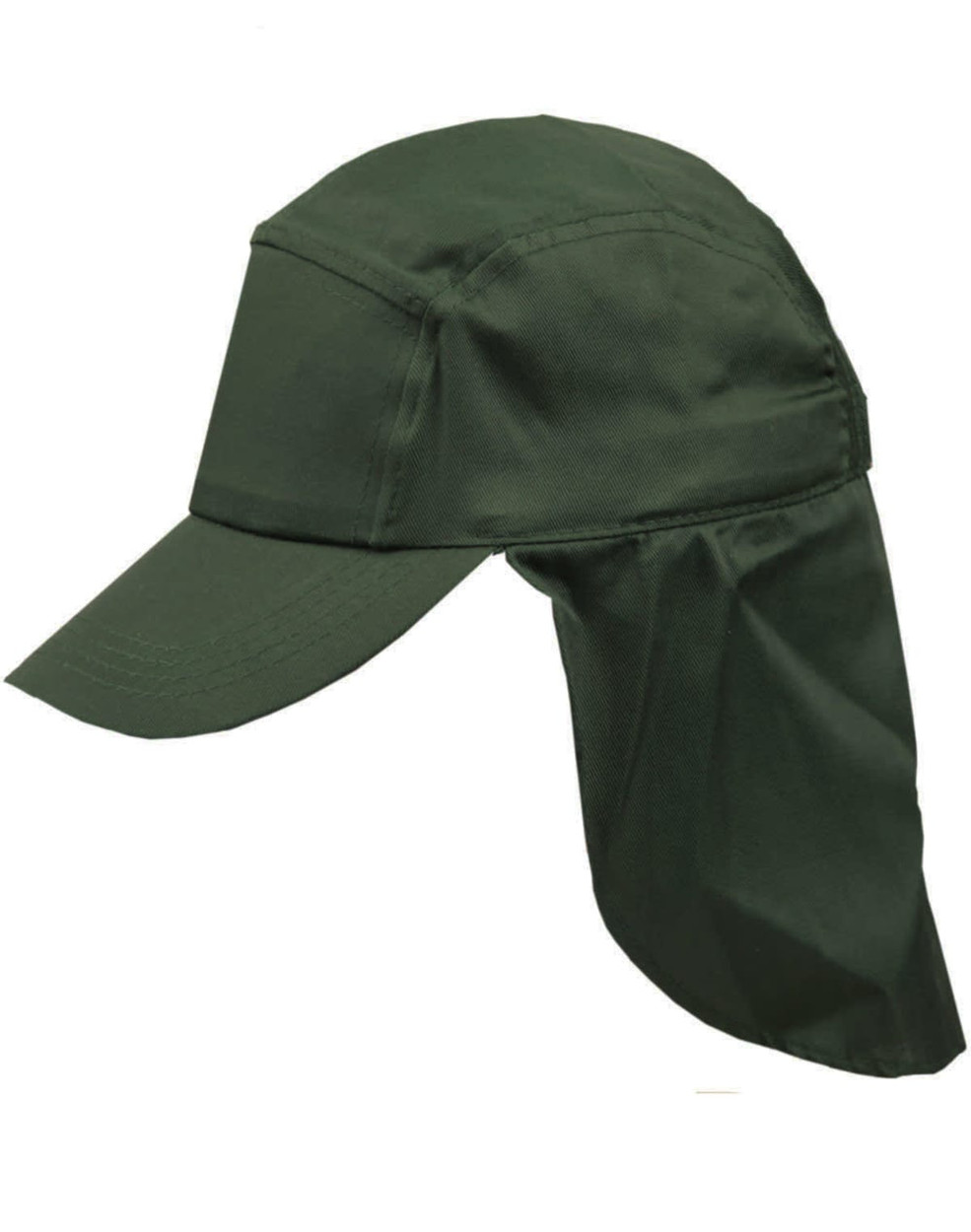 A green poly cotton legionnaire hat with a wide brim and neck flap, featuring a logo on the front.
