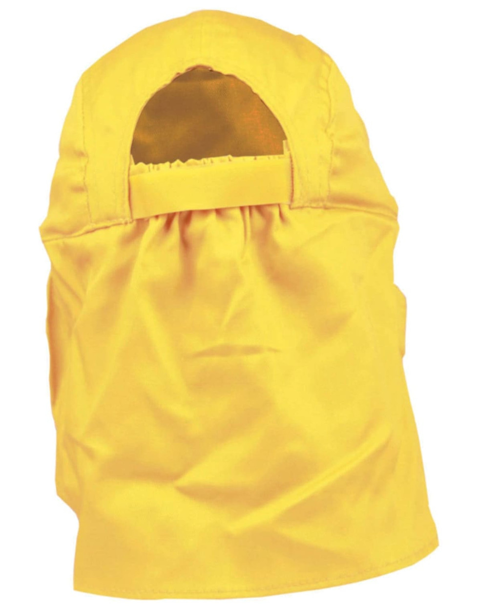 A yellow poly cotton legionnaire hat featuring a back flap and an adjustable strap, with a logo present.