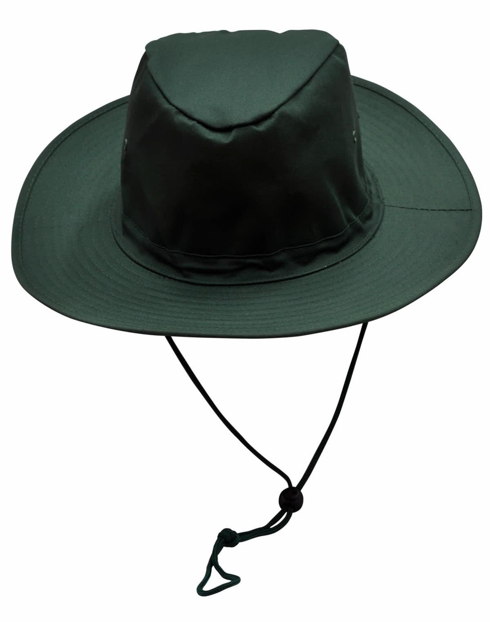 A green slouch hat with a wide brim, featuring a break-away clip and an adjustable chin strap.