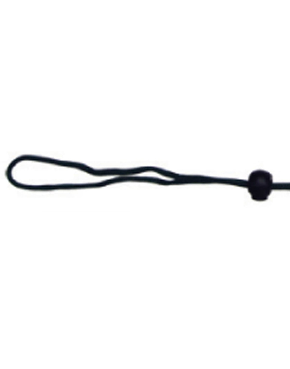 A black chin strap break-away clip with a looped end and a bead for adjustment.