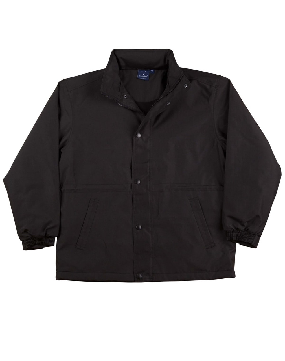 A black varsity jacket featuring a button-up front, side pockets, and elastic cuffs. Includes a logo.