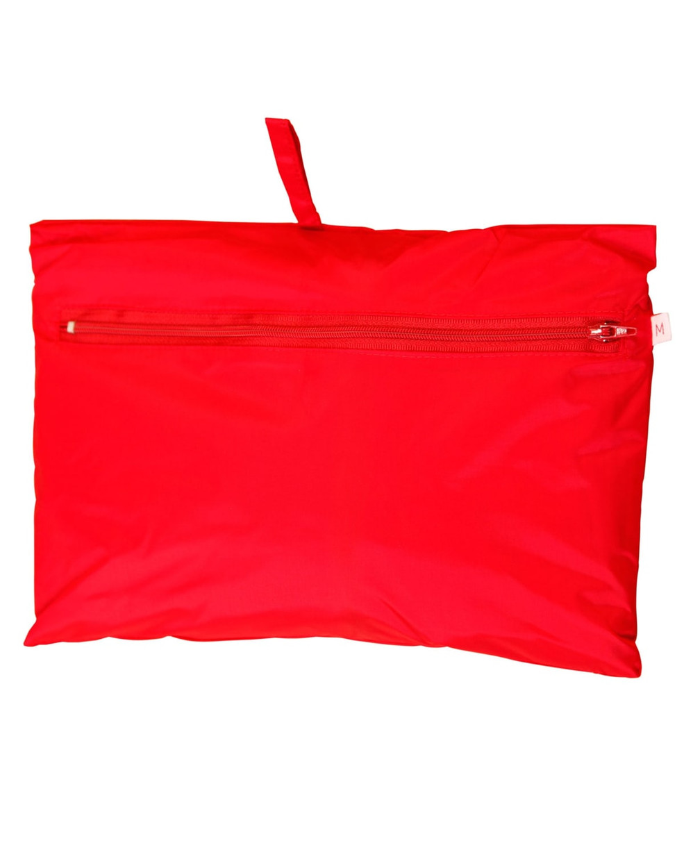 A red kids' outdoor activity spray jacket, packed into a compact pouch with a zippered closure and a hanging loop.