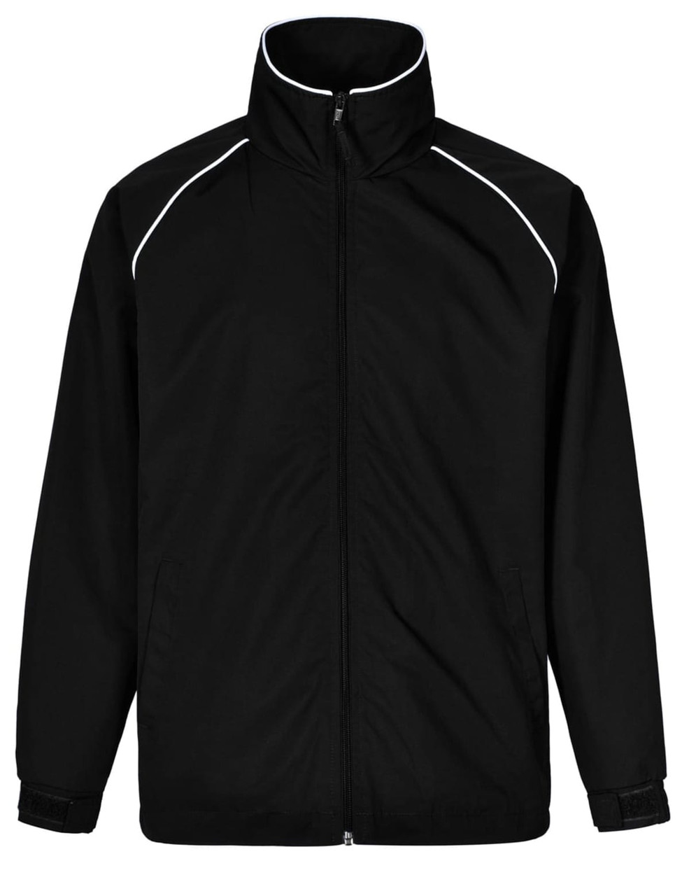 A black track jacket featuring a high collar and white accents, with a logo on the chest area.