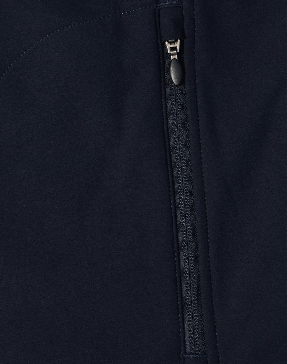 A dark navy softshell vest featuring a zippered closure and a logo on the fabric.