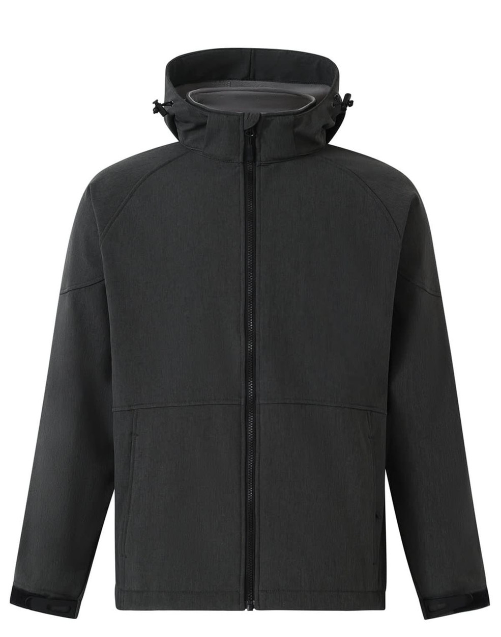 A softshell full zip hoodie in dark grey, featuring a hood and zippered pockets, with a logo on the chest.