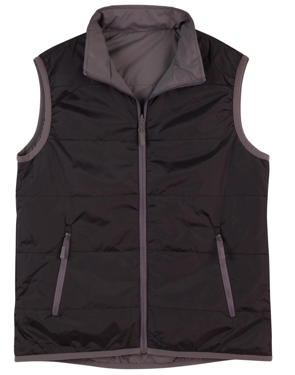 A black and grey versatile vest with a zip front, featuring side pockets and a high collar.