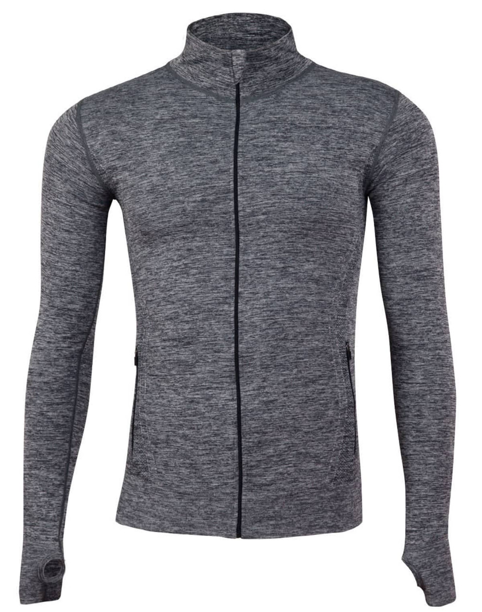 A grey unisex seamless jacket with a zip, featuring long sleeves and a slim fit design.