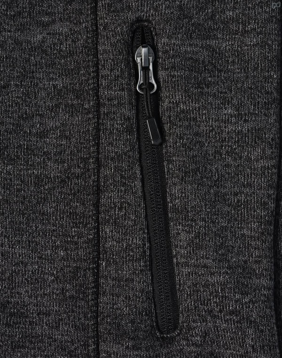 A grey men's heather bonded fleece jacket featuring a zippered pocket and a smooth fabric texture.