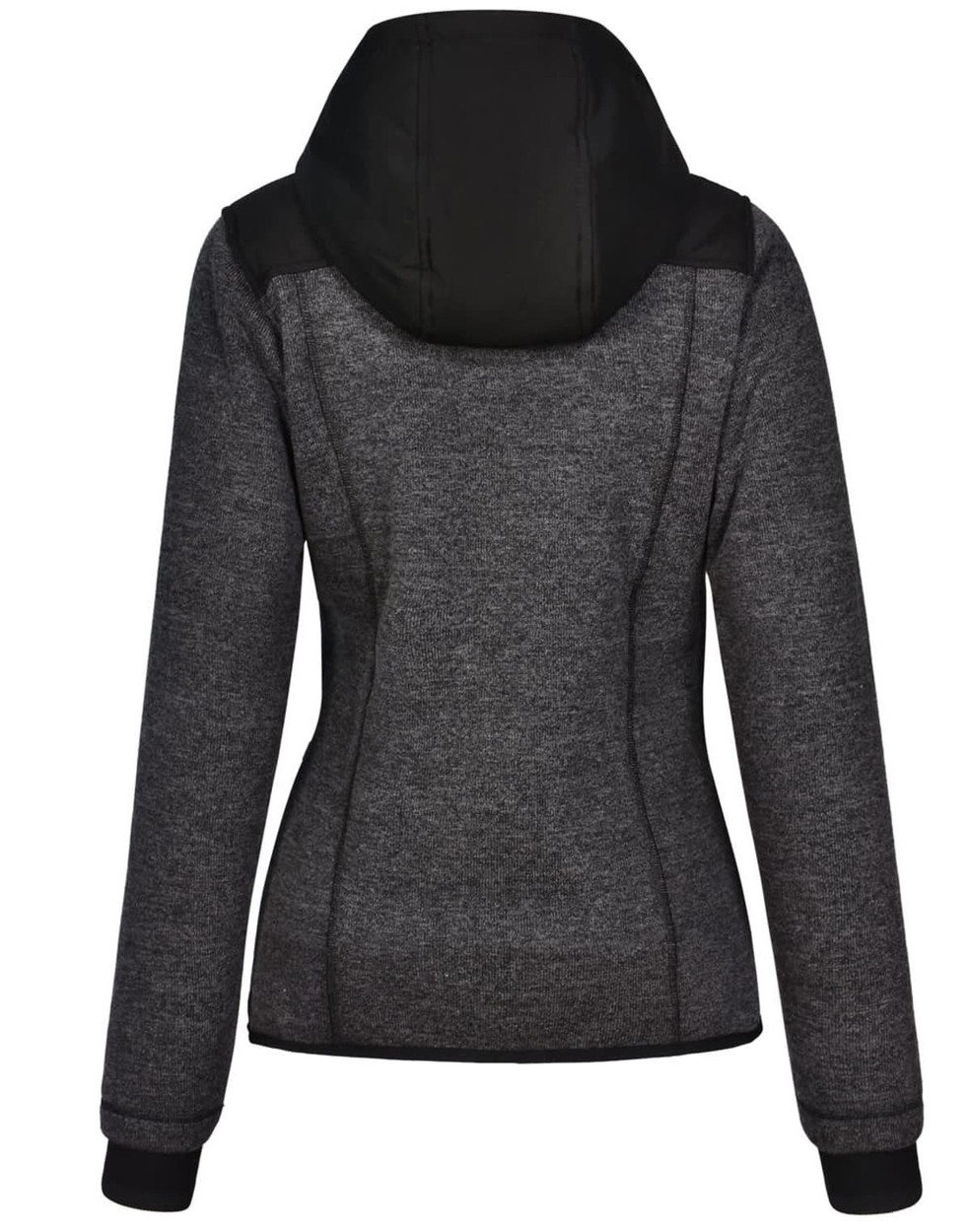 A ladies' jacket with a heather grey and black quilted design, featuring a hood and fitted silhouette.