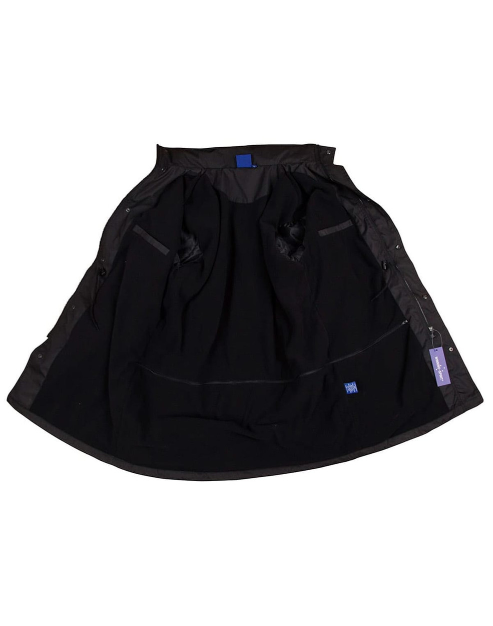 A long line stadium jacket in black, featuring a lined interior and pockets, with a branding tag visible.