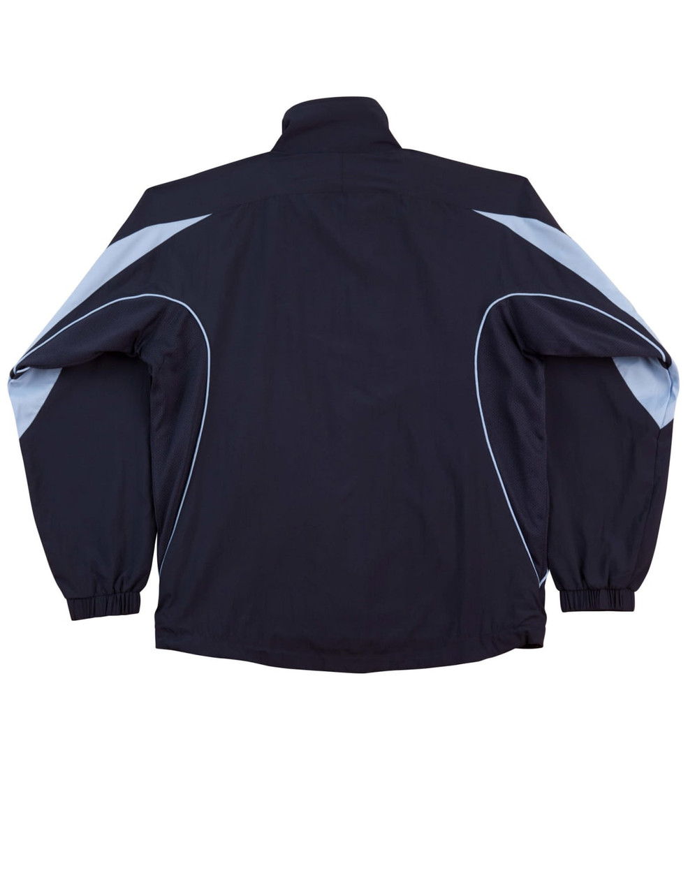 A track jacket in navy blue with light blue accents and a logo. Features a full zip and elastic cuffs.