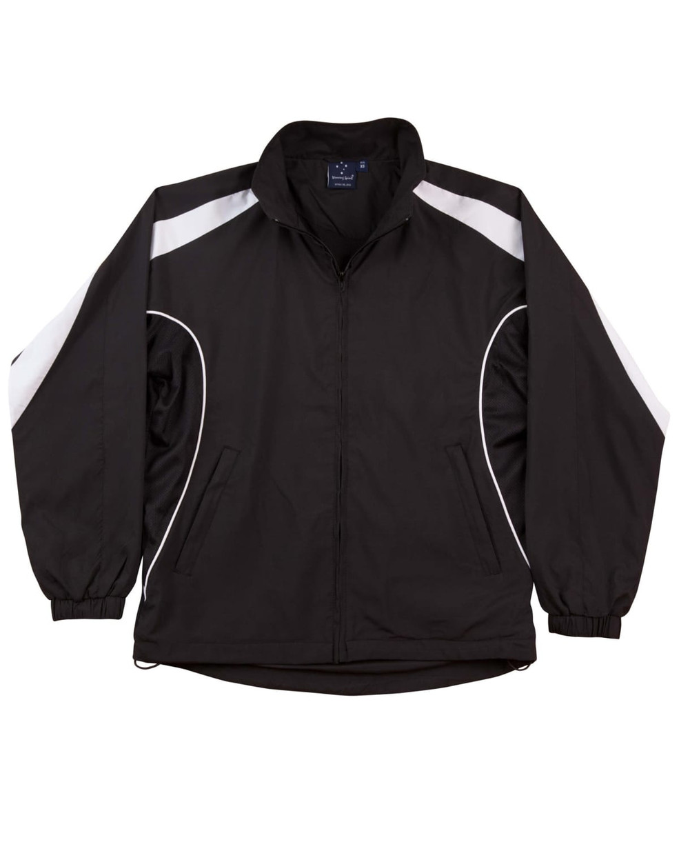 A black track jacket featuring white stripes and a logo, with side pockets and a zip front.
