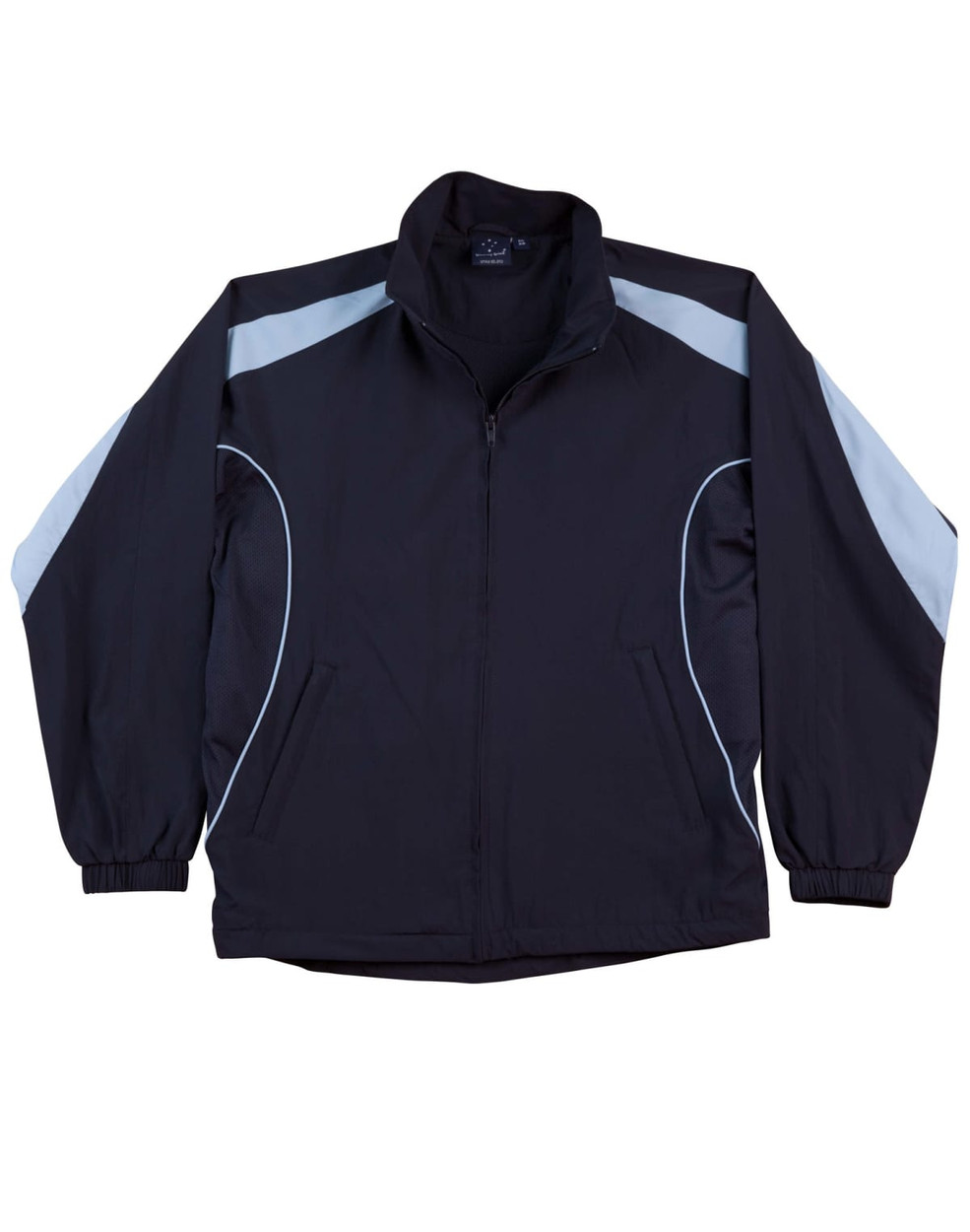 A black and light blue kids' warm-up jacket with a zip front and elastic cuffs. It has a logo on one side.