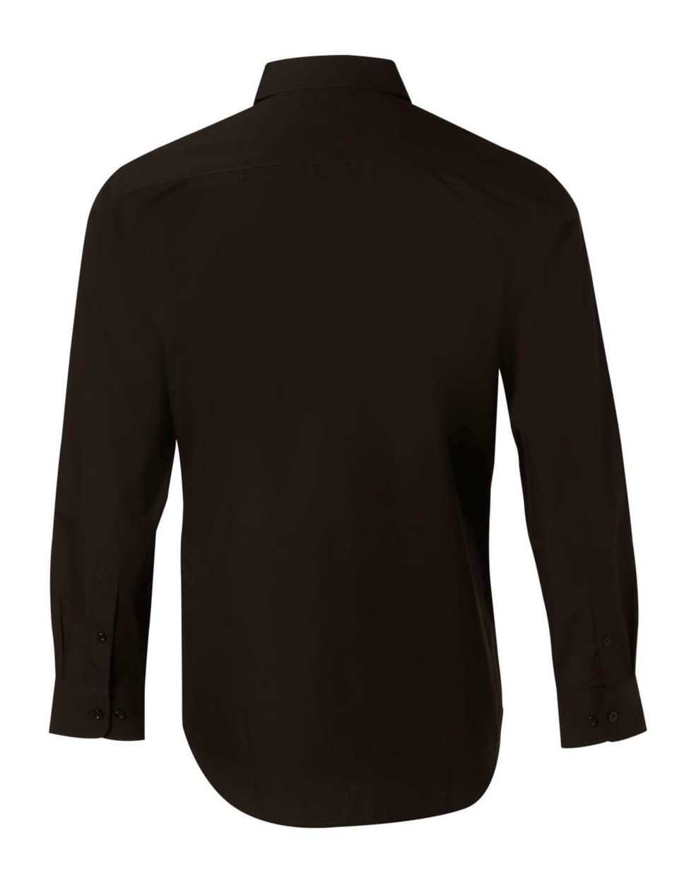A black long sleeve button-up shirt featuring a sleek design and a logo on the back.
