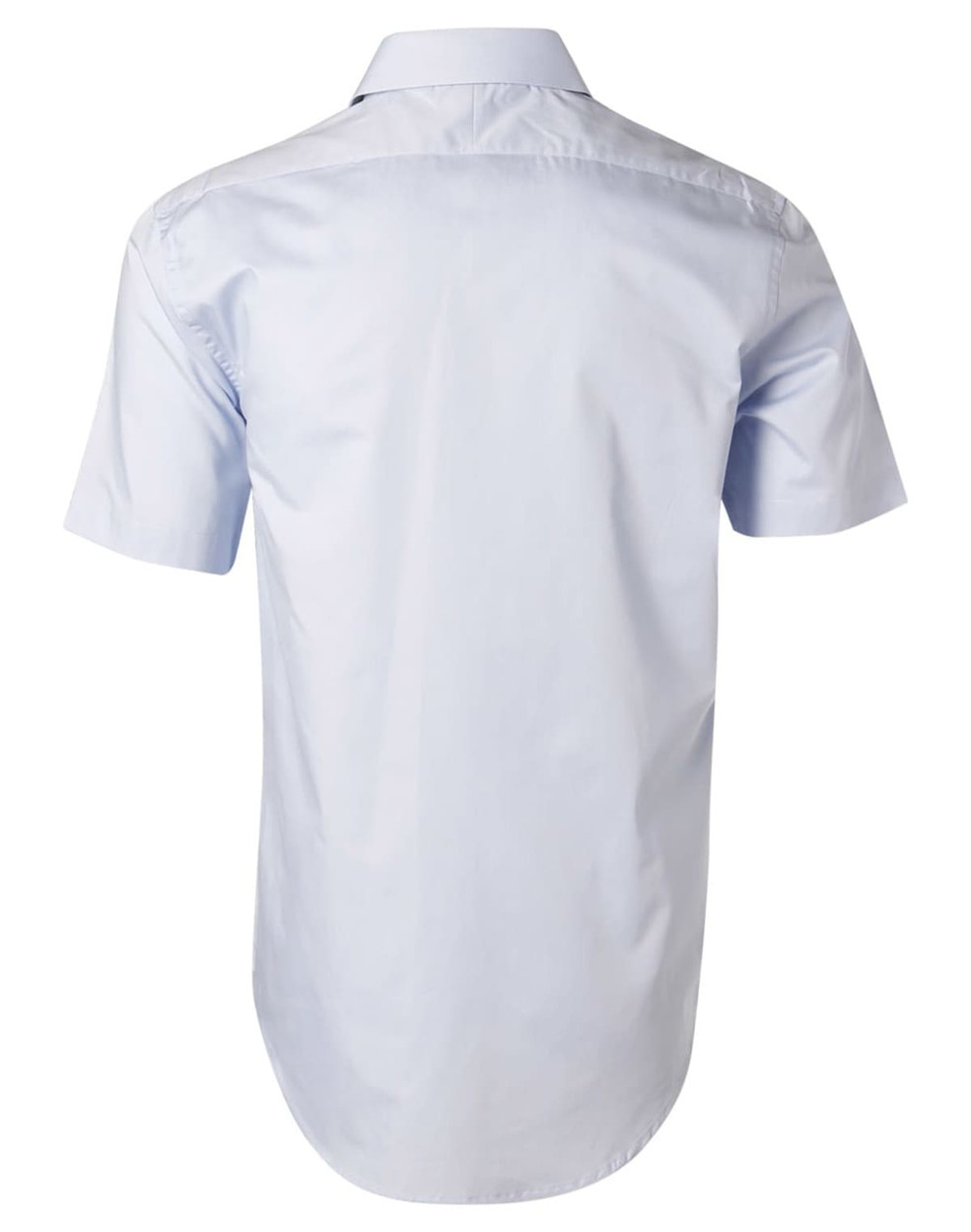A light blue men's short-sleeve button-up shirt with a back yoke and a subtle logo.
