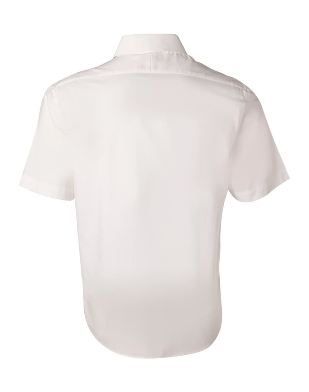 A white short-sleeved button-up shirt featuring a plain back design and a collar. Includes a logo.