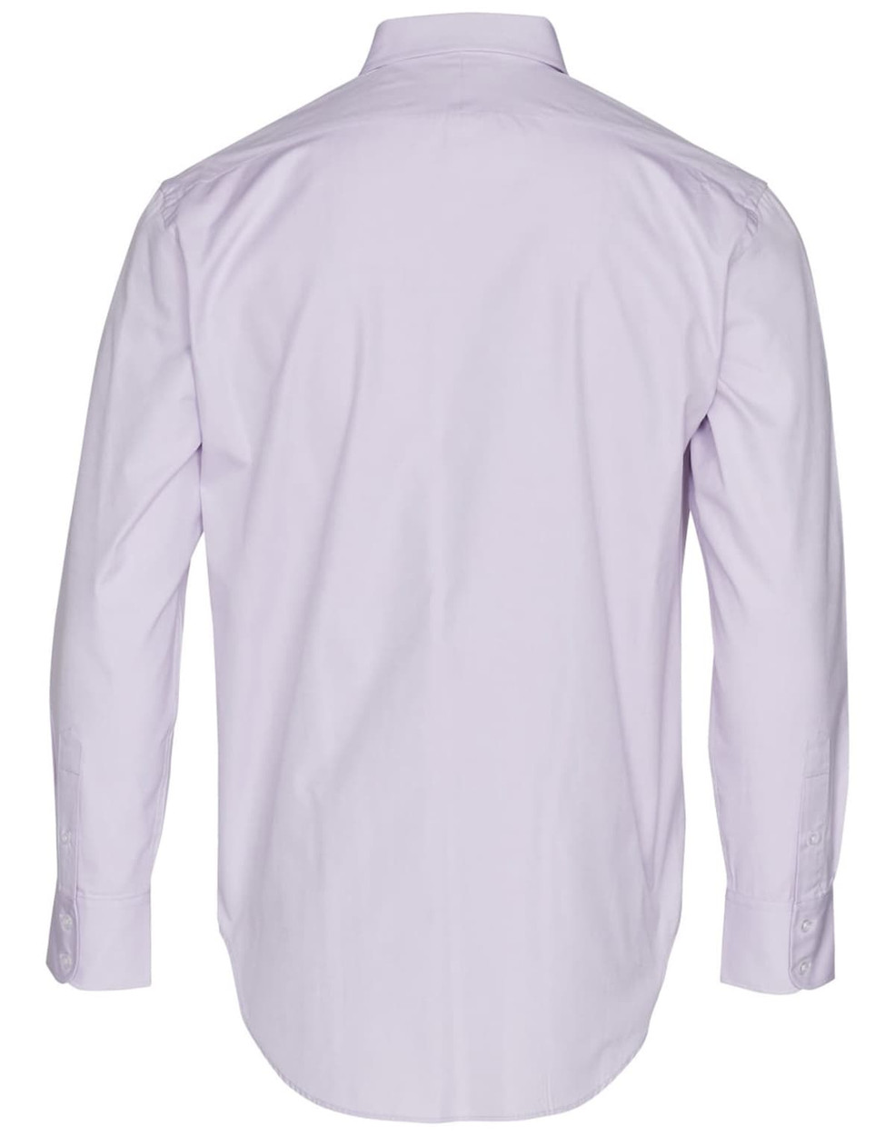 A light purple men's button-up Oxford shirt with long sleeves and a standard collar, featuring a logo on the back.