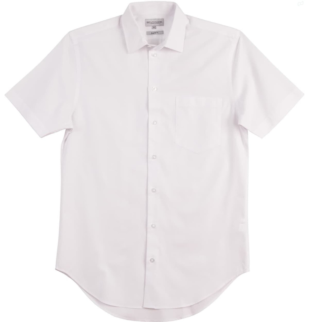 A white short-sleeve button-up shirt with a pocket and a logo. Clean and simple design.