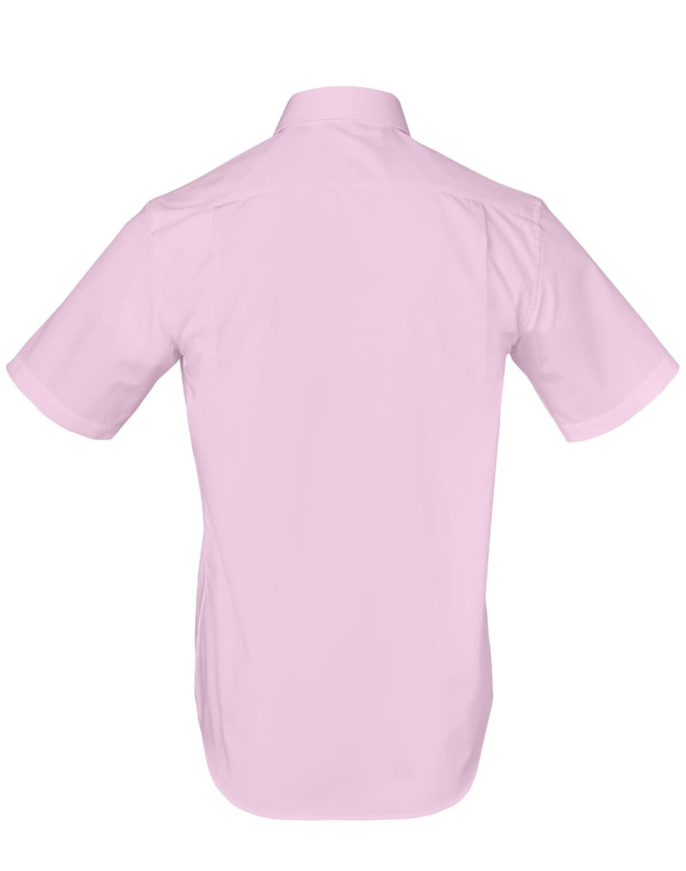 A short-sleeved, button-up shirt in light pink, featuring a smooth back design and a logo.