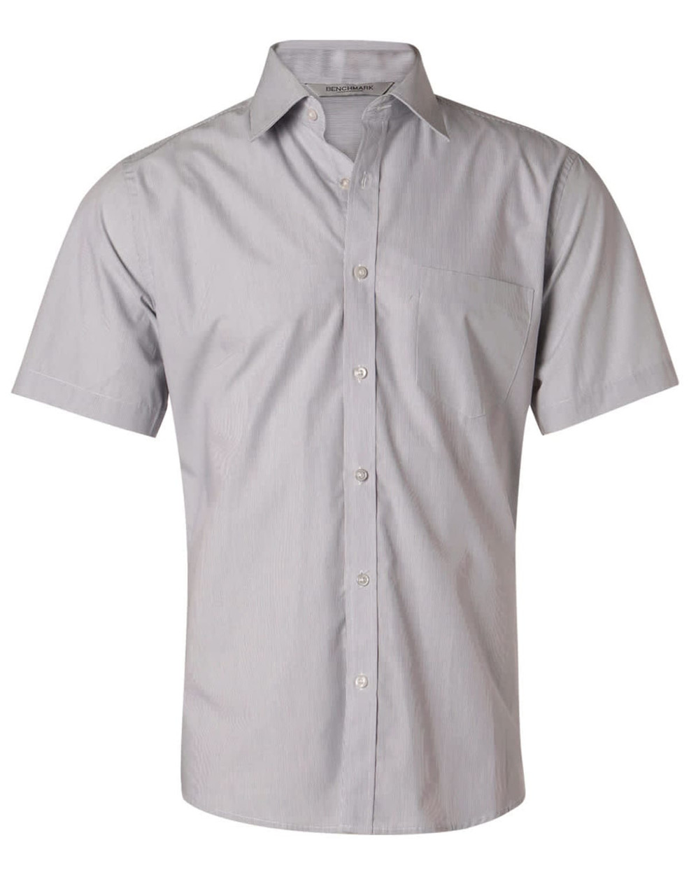 A short-sleeved men's button-up shirt in fine grey stripes with a single chest pocket and a logo on the collar.