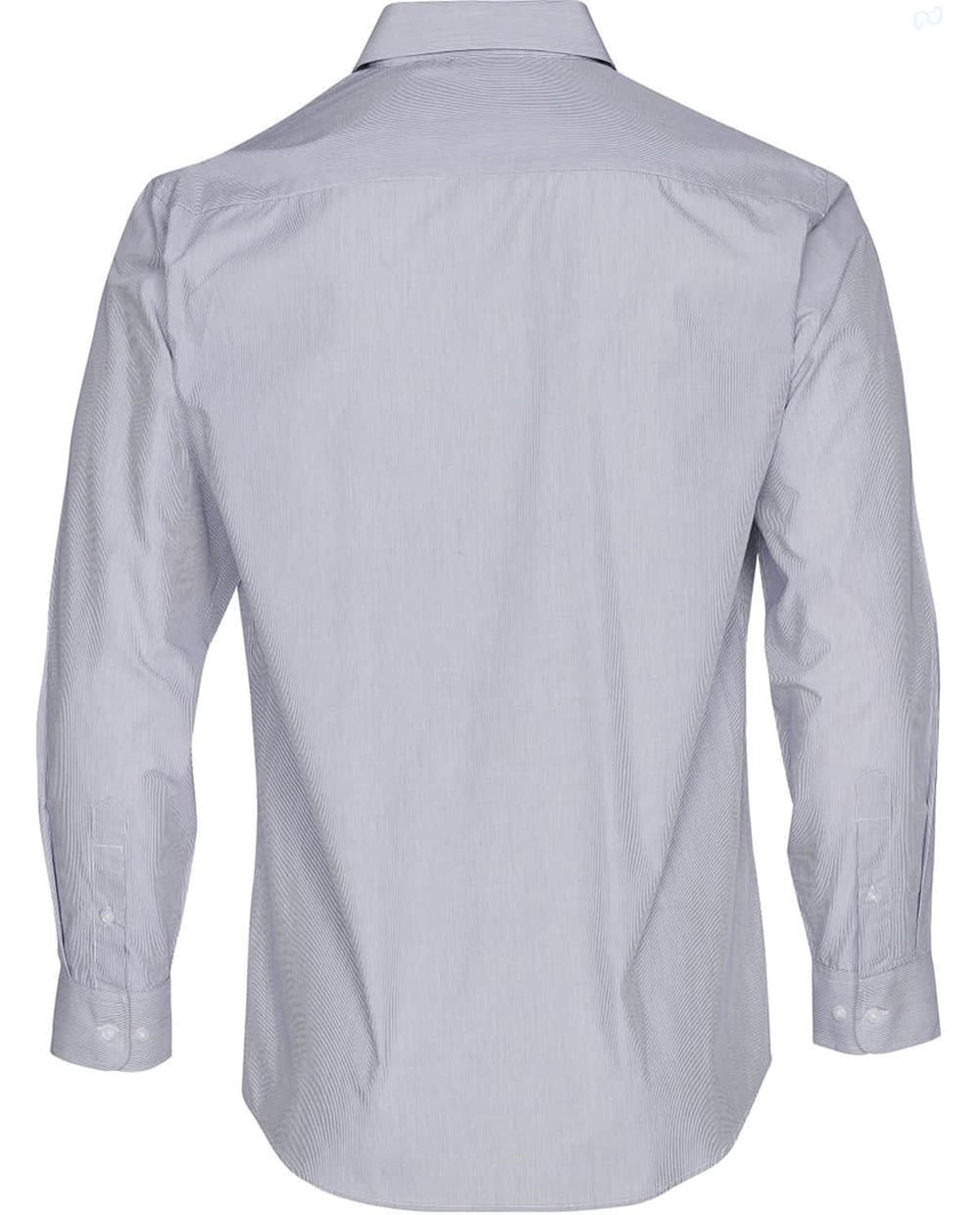 A grey and white striped long sleeve button-up shirt featuring a classic collar and a branding logo.