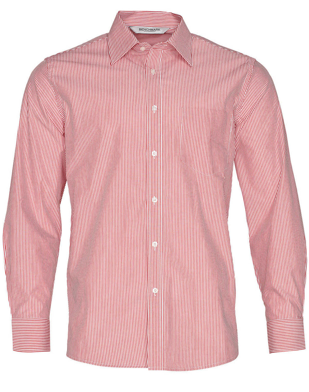 A long sleeve button-up shirt featuring red and white stripes, with a collar and button closure, and a logo on the label.