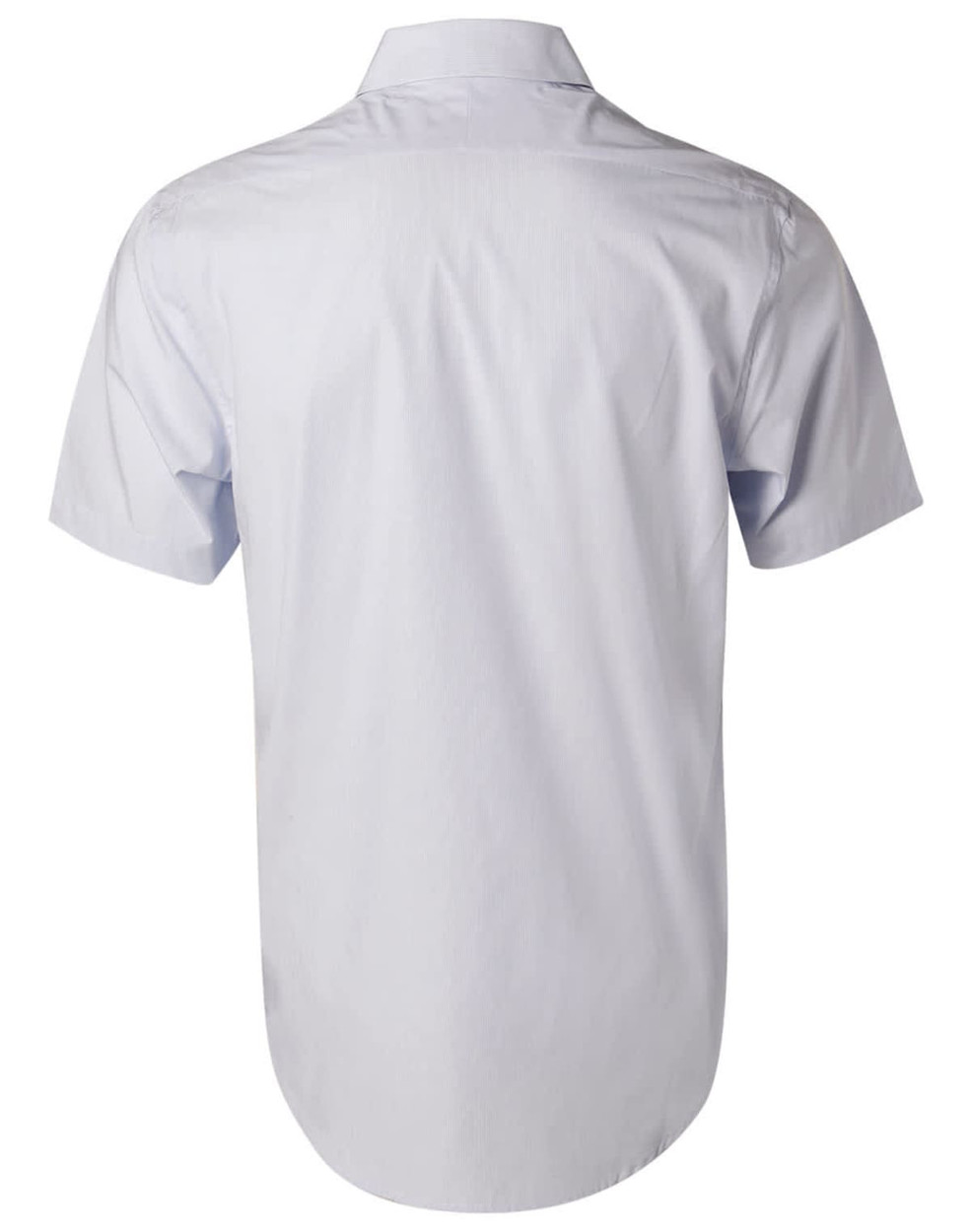 A light blue short-sleeve button-up shirt with a plain back and a branding logo.