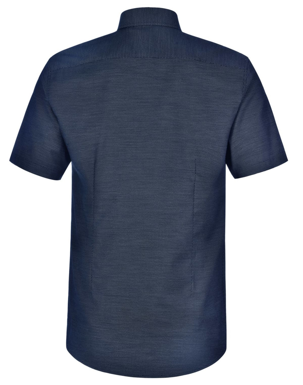 A short-sleeved men's button-up shirt in navy blue with a pin dot pattern and a logo on the back.