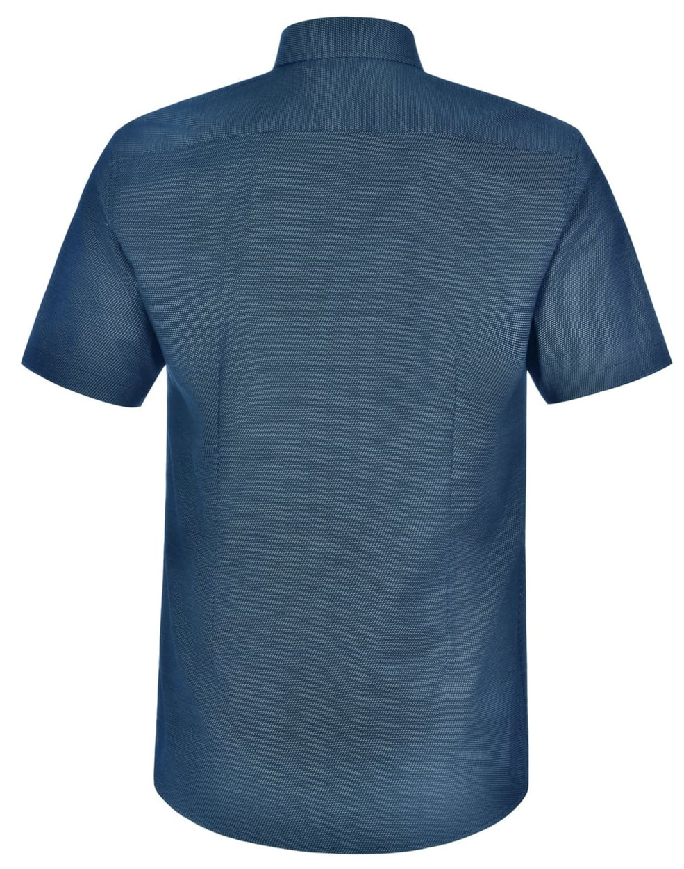 A short-sleeved, button-up shirt in navy blue with a pin dot pattern and a collar, featuring a logo on the back.