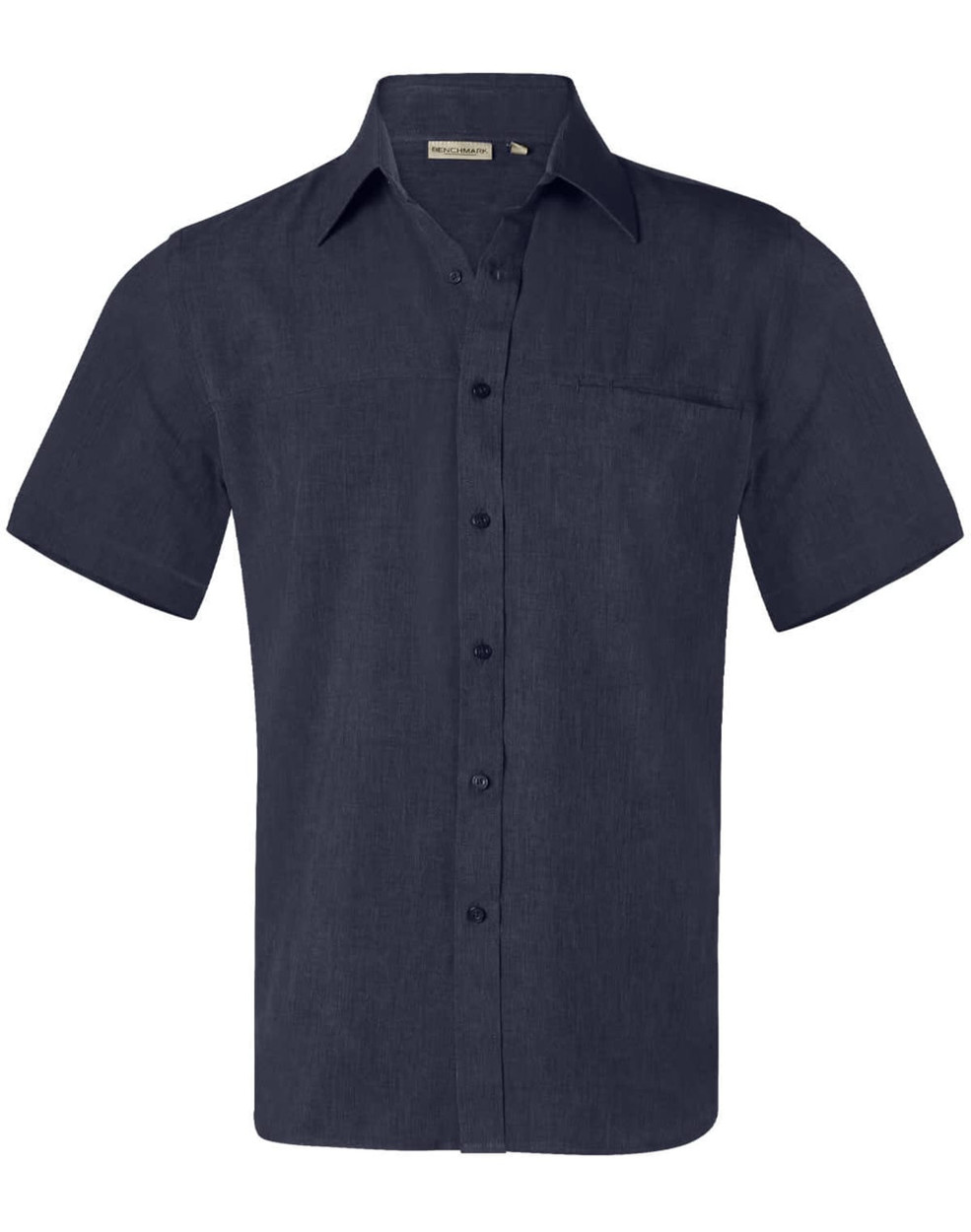 A navy blue short sleeve shirt with a button-up front and a chest pocket, featuring a logo.