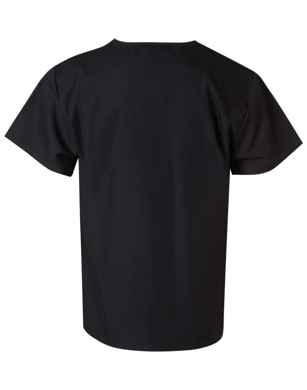 A black unisex short sleeve tunic top with a simple design and a logo on the back.