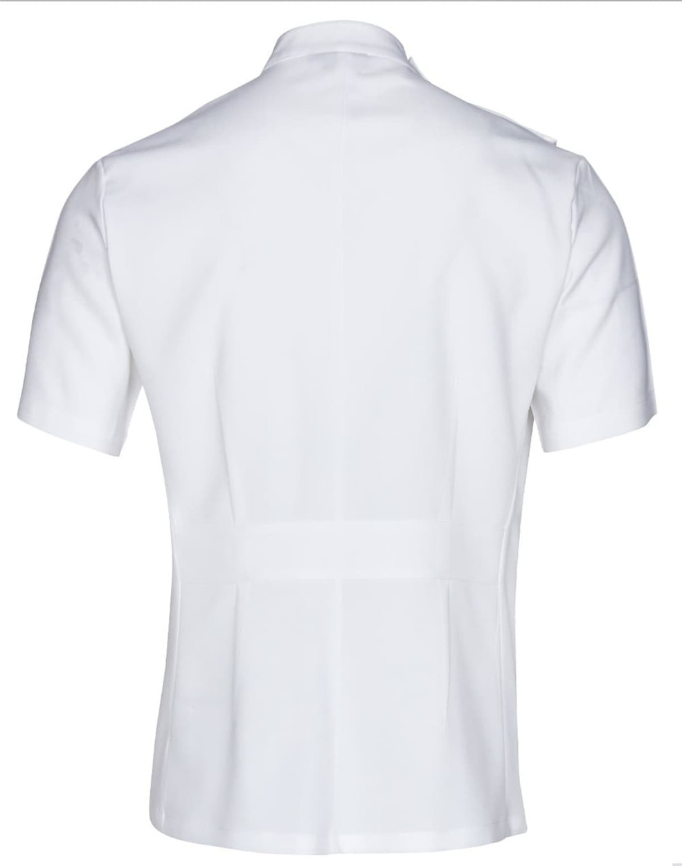 A white short sleeve jacket with a stud front design, featuring a sleek, tailored look and no visible logos.